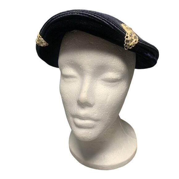 Vintage 1960s Navy Blue Velvet & Straw Hat with Gold Embellishments Adjustable - Picture 1 of 10